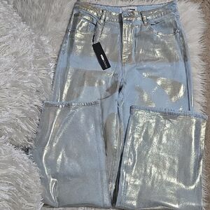 Fashion Nova Silver Metallic Flare Jeans